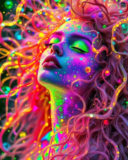 Prompt: She radiates joyful recursion—her face aglow with Newton fractal basin webs, each iridescent patch a rainbow logic map flickering with emotion. Cheekbones prism into crystal lattices—thought-nodes sparkle like math gems, pulsing with cognitive harmony. Every blink sends spectral ripples across skin; laughter folds into light. Her hair—a wild, living storm of long pink curls—burns in fractal flame trails, each strand trailing neon fire that morphs in chaotic colorbursts. The curls twist in self-affine defiance, scaling and warping across invisible axes—no symmetry, just vibrant mathplay. Her whole head is an attractor bloom: color feedback, glitch flickers, and dreamcode shimmer. Holographic math sigils orbit her like joyful satellites, reacting to her giggle-fields. She is a lightfield girl, glitch-goddess of fractal joy and radiant chaos.”
—
 Visual Keywords:
Rainbow Newton fractals, crystal lattice cheekbones, pink fractal flame curls, self-affine chaos hair, math sigils, joyful glitch aura, neon colorburst, recursive laughter light, holographic emotion field