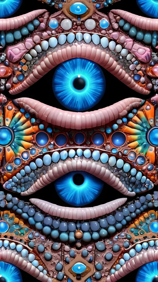 Prompt: Create an extremely hyper-realistic, ultra super textural, weird, trippy, surreal, psychedelic eyes/teeth/mouth pattern/design based on Mandelbrot & “Op Art tiling” with lots of human eyes (crazy colorful compound psychedelic), rows of human teeth, human lips, and tongues. 

- **Colors**: determined by the properties and expressions of the elements (& their isotopes), minerals, and metals: opal, moonstone, Kunzite, selenite, rose quartz, Platinum (Pt)

**Shapes and forms**
- Mandelbrot 
- "Op Art tiling" 
-other shapes determined by the natural properties and expressions of the elements (& their isotopes), minerals, metals, and biological organisms: opal, moonstone, Kunzite, selenite, rose quartz,  Platinum (Pt)


- **Textures**: Derived from any/all elements (& their isotopes), minerals, metals, crystals, organic things mentioned in this prompt: opal, moonstone, Kunzite, selenite, rose quartz, Platinum (Pt)

**Composition and Layout**:
- a pattern/design based on the Op Art tiling & Mandelbrot 

**Lighting**:
- lots of bright light
- Iridescence
- Aventurescence
- Chatoyancy
- Asterism

**Detail and Atmosphere**:
- Extreme hyperrealistic sharp high detail high definition organic and mineral textures
- Psychedelic, weird, odd, surreal atmosphere
- Frozen in time

**Additional Elements**:
- extra rows of teeth, lips, many eyes, Op Art tiling, Mandelbrot, Iridescence, Aventurescence, Chatoyancy
