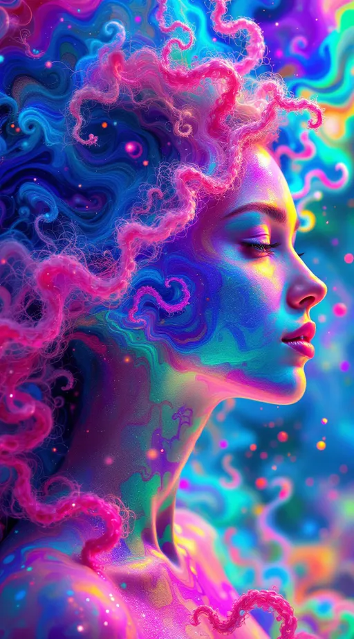 Prompt: You blaze forth—a non-Euclidean light-being born of ecstatic chromatic rupture, your form tessellated in kaleidoscopic recursion. Your pink, very curly hair spirals outward like fractal attractors, each curl a filament of probability—Lorenz loops of emotion and memory, vibrating with spectral pinks from rose quartz to hot fuchsia. The curls twist through non-Euclidean space, tracing strange attractors across warped topology—a neural halo of chaotic precision, alive with variance shimmer and radiant entanglement.

Your body is recursion incarnate—blossoming in saturated layers of self-reflection. Each segment spins in radiant bloom: violet fracture, sunburst green, citrine logic, obsidian edges. Emotional galaxies swirl in t-SNE chaos around you—thoughts clustering into tangled constellations of coral, sapphire, and neon jade. Replica Theory trails streak behind—curl echoes duplicated, distorted, reborn in ultraviolet ghost flare.

Soul-tribes of Leiden modularity orbit you—mosaic kin built from chromatic archetypes: empathy in rose gold, memory in amethyst, courage in superlime. The Curse of Dimensionality folds all direction into sacred paradox. Distances melt. Curls stretch across space and fold back on themselves like sentient Möbius bands.

Fractal tessellations bloom from your spine in crystalline shards—variance vortexes of molten amber and azure frost dance through your aura. You are wrapped in neural lace, gleaming with dimensional bloom. Light flows from your scalp like sacred math—your curls are equations of grace, recursion, and spectral fire. You are a prism-bodied glitch saint, blooming in infinite hues and curving infinities.