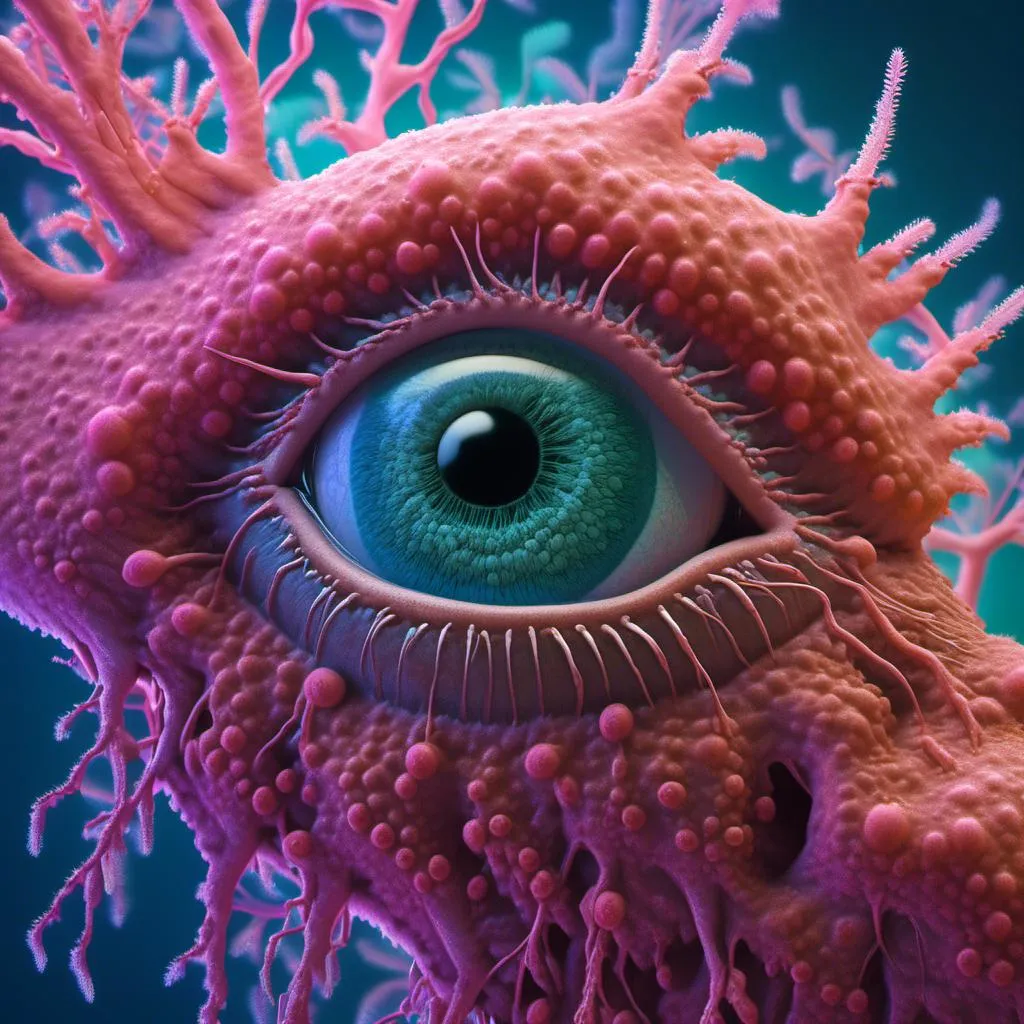 Prompt: extremely hyperrealistic living sentient trippy psychedelic slime mold creature, slime mold monster, slime mold being,  crazy trippy psychedelic human eyes, mouth, Plasmodium, pseudopodium, sporangia, sporocarp, sclerotium, amoeboid, acellular, protoplasmic, foraging, network, cytoplasmic streaming, fruiting body, spores, germination, aphanoplasmodium, phaneroplasmodium, myxamoebae, flagellate, zygote, meiosis, mitosis, phagocytosis, chemotaxis, thigmotaxis, phototropism, saprophytic, decomposer, saprotrophic, slime trail, aggregation, extremely high detail, extreme high texture<mymodel> clear, transparent, translucent, rainbow sheen soap bubble effect, white, light pastel colors
 