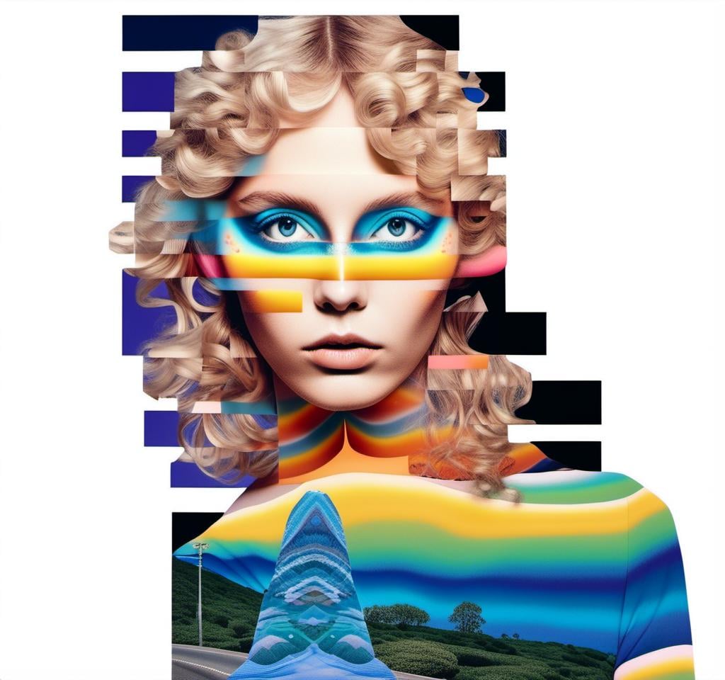 Prompt: A psychedelic collage featuring a photograph of a woman with blond curly long hair. The photo is cut and spliced with other photos - of cats, eyes, body parts, roads, landscapes, trippy optical illusion patterns, pickles, hamburgers, realistic  desert, alien  landscapes, geometric shapes etc in such a way that she has a psychedelic open third eye, in a psychedelic cut and paste collage <mymodel>