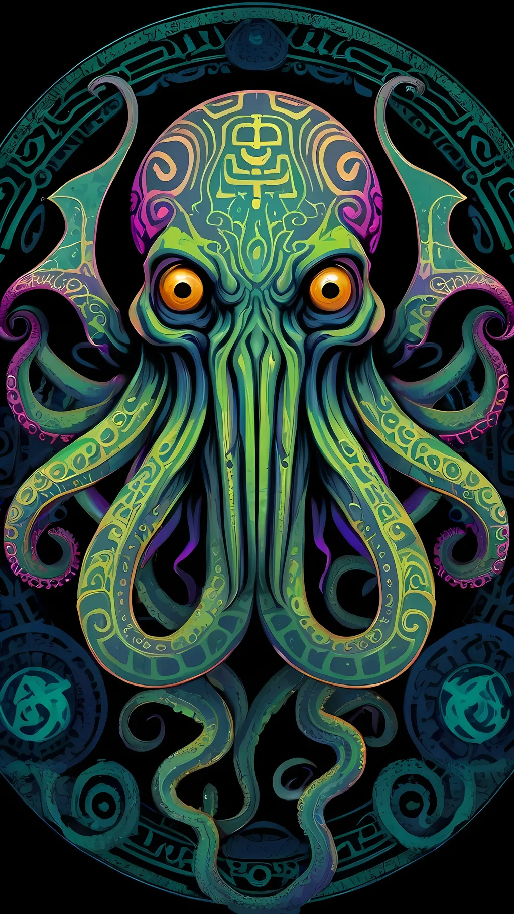 Prompt: a psychedelic tribal primal style Cthulhu, tribal patterns, effigy, eldritch, lovecraftian, elder god, tentacles, cthulhu ftaghn, nonEuclidean geometries, rhlyeh, miskatonic