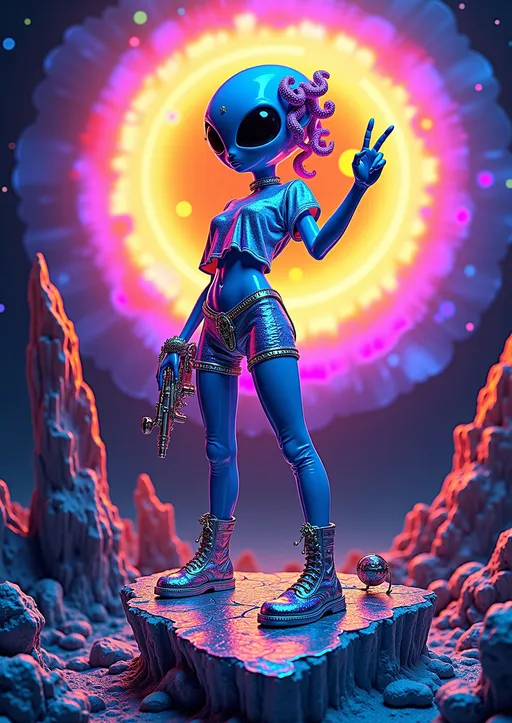 Prompt: A hyperrealistic alien bimbo, skin a violently radiant blend of electric neon blue and radioactive yellow veroni pattern markings, poses with exaggerated sass in a trashy cut off cropped holographic baby tee (one side of the oversized ripped neckhole slouched down the side of her arm) and a pair of trashy short rainbow holofractal  cut off shorts, over a holographic fishnet bodysuit atop a jagged crystalline rock spire on a glowing asteroid. Her large solid black almond-shaped eyes reflect broken starlight, and her conical bald head gleams under a scorched silver tiara tangled with melted magenta curls. She pops her hip and throws up a peace sign, covered in chrome rings shaped like stars and planets. Her holographic vinyl microdress clings to her figure in stuttering layers of hearts and glitch-text, edges twitching with visual noise, rhinestones glittering like static.

Behind her, a massive black hole collapses reality in ultra-HD chaos. Stars stretch and smear like VHS melt. Optical illusion patterns spiral into the void, breaking apart into jagged bands of color and compression. Whole regions of sky flicker in and out with datamoshed fragments, rainbow smear halos, and digital burn effects. Her silhouette is rimmed with chromatic aberration—neon cyan, magenta, and lime green outlines pulsing like signal ghosts.

She stands unfazed—boot planted firm on a shimmering rock with a cracked mirror surface. Her raygun dangles from a rhinestone garter. Broken tiaras and shattered compact mirrors float around her in slow anti-gravity drift. Every texture is rendered with ultra-macro surreal realism: flaking vinyl, scorched glitter, oily shimmer, analog grain layered over the whole scene with deep shadows and radiant pops of electric glam.

The look is filthy, campy, dangerous, delicious. A retro-futuristic space diva glitching her way into infamy.