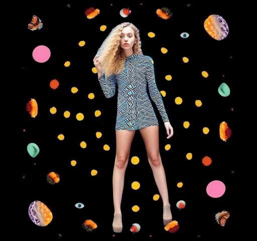 Prompt: A psychedelic collage featuring a photograph of a woman with blond curly long hair. The photo is cut and spliced with other photos - of cats, eyes, body parts, roads, landscapes, lots of eyes, lips, mouths, extra limbs, brains, mushrooms,  trippy optical illusion patterns, pickles, hamburgers, realistic  desert, alien  landscapes, geometric shapes etc in such a way that she has a psychedelic open third eye, in a psychedelic cut and paste collage <mymodel>