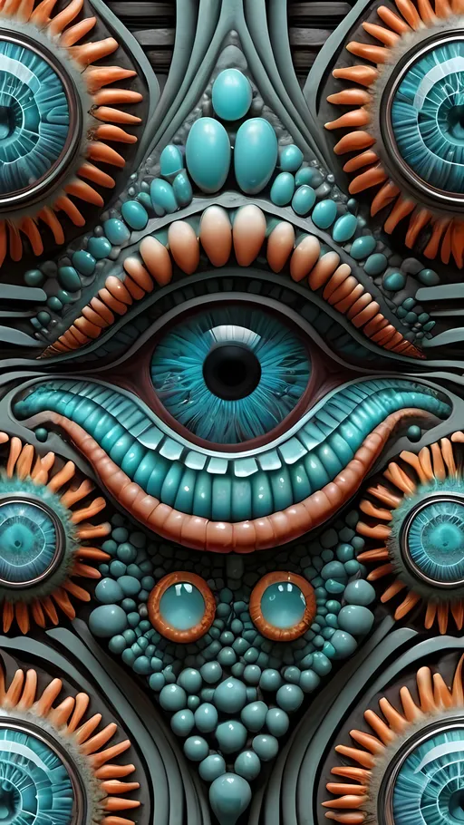 Prompt: an extremely hyper-realistic, ultra-textural, weird, trippy, surreal, psychedelic pattern/design featuring eyes, teeth, mouths, and tongues. The design should be based on the “labyrinth fractal” & “op art tiling” concepts, with an abundance of human eyes (crazy colorful compound psychedelic), rows of human teeth, human lips, and tongues.

- **Colors**: Inspired by the natural properties and expressions of the following elements, minerals, and metals. Ensure to capture their full spectrum of colors, including any variations due to isotopes and impurities:
  - Dioptase
  - Mangano Calcite
  - Scapolite
  - Larimar

- **Shapes and Forms**: 
  - Main form: “labyrinth fractal”
  - Additional shapes determined by the natural properties and expressions of the following elements, minerals, metals, and biological organisms. Be thorough in capturing their crystal structures, atomic arrangements, and natural formations:
    - Dioptase
    - Mangano Calcite
    - Scapolite
    - Larimar

- **Textures**: Derived from the intrinsic characteristics of the following elements, minerals, metals, crystals, and organic materials. Thoroughly express their raw, rough, and detailed textures, including crystal structures, surface finishes, and any unique textural properties:
  - Dioptase
  - Mangano Calcite
  - Scapolite
  - Larimar

- **Composition and Layout**:
  - A pattern/design inspired by “labyrinth fractal”

- **Lighting**:
  - Intense, bright, reflective light
  - Opalescence

- **Detail and Atmosphere**:
  - Extreme hyperrealistic, sharp, high-definition textures of both organic and mineral origins. Be meticulous in detailing the textures and forms, capturing the essence of each material's crystal structure and surface characteristics.
  - Psychedelic, weird, odd, surreal atmosphere
  - Frozen in time

- **Additional Elements**:
  - Extra rows of teeth, lips, numerous eyes, and “labyrinth fractal”
