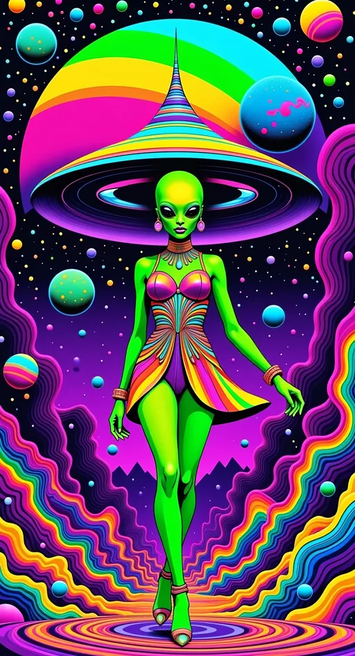 Prompt: **Cosmic Bitch - AI Art Prompt**

Create an artwork featuring the phrase "Cosmic Bitch" in a bold, sassy, girly futuristic tech font. The centerpiece is a stunning green-skinned alien female with a large somewhat conical shaped bald head & large solid black almond shaped eyes, exuding sass and confidence, dressed in avant-garde high fashion with a futuristic twist. Her ensemble is adorned with intricate accessories that scream alien chic.

Incorporate a vibrant UFO hovering in the scene, brimming with colorful lights that dance across the canvas. The background is a bustling outer space landscape, complete with an alien planet, swirling asteroids, and cosmic wonders. Alien glyphs are subtly woven into the design, adding an enigmatic touch.

The entire scene is a whirlwind of activity, filled with intricate details that draw the eye to every corner. From the tiniest star to the grandest asteroid, let no space go unadorned. The result is a masterpiece of cosmic chaos and extraterrestrial elegance.

Now, go forth and let your AI art creation shine in all its interstellar glory! 🌌👽✨