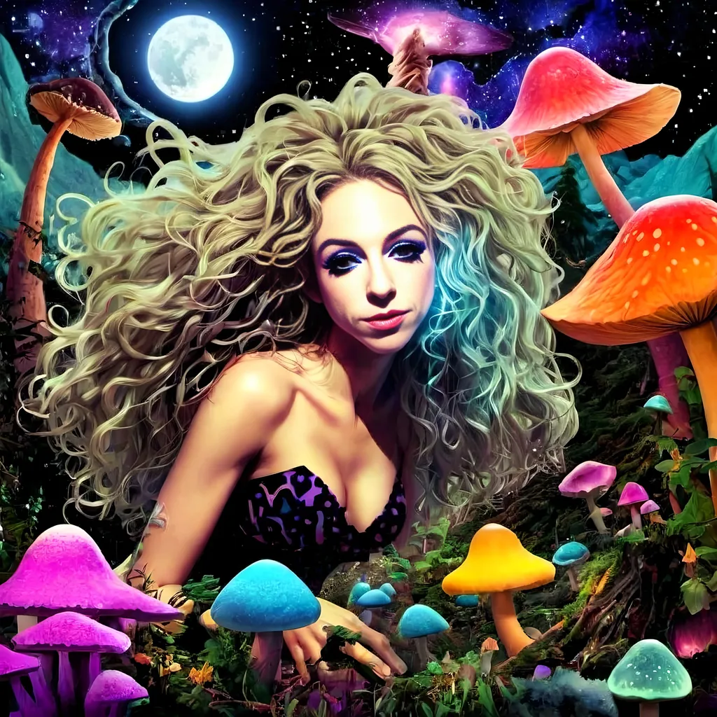 Prompt: A psychedelic trippy bright colorful vivid black light poster illustration of a girl with longish blond curly hair, with psychedelic magic mushrooms, trippy hallucinations, optical illusions and patterns, crystals, moss, forest, moon, geometry fractals