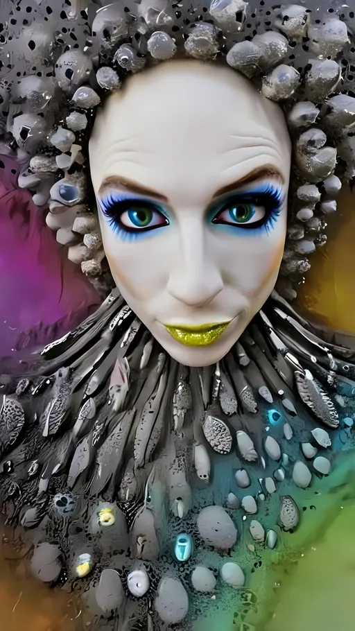 Prompt:  An extremely hyper-realistic, ultra-textural, weird, trippy, surreal, psychedelic pattern/design featuring eyes, teeth, mouths, & tongues. The design should be based on the “Mandelbrot” & “op art tiling” concepts, w/ an abundance of human eyes (crazy colorful compound psychedelic), rows of human teeth, human lips, & the elements, minerals, organisms: 
- Moonstone
- Selenite
- Labradorite
- niobium 
- potassium

**colors/lighting/Shapes/Forms/Textures**: 
- Main form: “Mandelbrot”
- Additional colors/shapes/forms/textures/arrangements determined by the natural properties/expressions of the listed elements, minerals, metals, & biological organisms. Capture their crystal structures, atomic arrangements, & natural formations. Express their raw, rough, & detailed textures, including crystal structures, surface finishes, & unique textural properties.
- Express the shapes, forms, structures, & arrangements of the listed elements, minerals, pigments, crystals, or biological organisms.
- Reflect intricate crystal structures, atomic arrangements, & natural formations.
- Integrate unique textural properties & surface characteristics into the pattern.
- Arrangement influenced by natural aggregates/combinations, creating a cohesive design.
-Intense, bright, reflective light
- Express the various lighting properties, effects, & illusions of listed elements, minerals, biological entities, & crystals.
- Capture interactions w/ light, including reflections, refractions, iridescence, & other optical phenomena. Use lighting to emphasize intricate details, textures, shapes, & forms.

