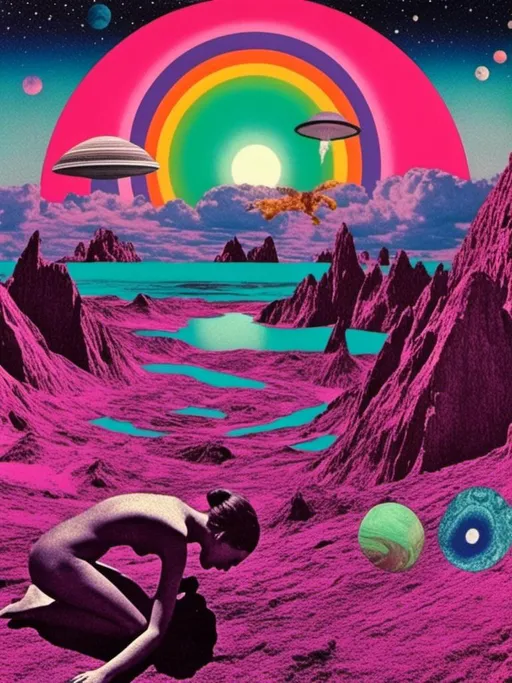 Prompt: <mymodel> A weird trippy surreal vintage psychedelic collage, (hot purple/pink, black & white- teals/purple-blue/seafoam green accents)  cut and paste, optical illusions, psychedelic patterns, alien  landscapes, eyes!!! , UFOs, strange creatures, magic mushrooms, planets/asteroids/space, cats, cheeseburgers, tacos, aliens, weird surreal trippy