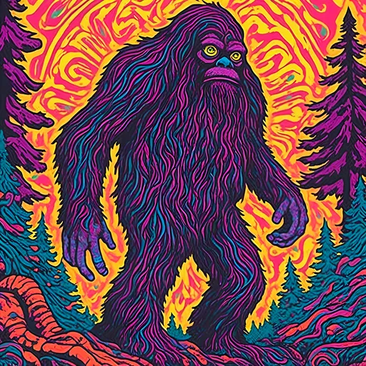 Prompt: <mymodel>Bigfoot, Sasquatch, cryptid, psychedelic poster art style, vibrant colors, swirling patterns, surreal atmosphere, high quality, detailed fur, intense gaze, forest setting, mythical creature, large scale, professional, atmospheric lighting