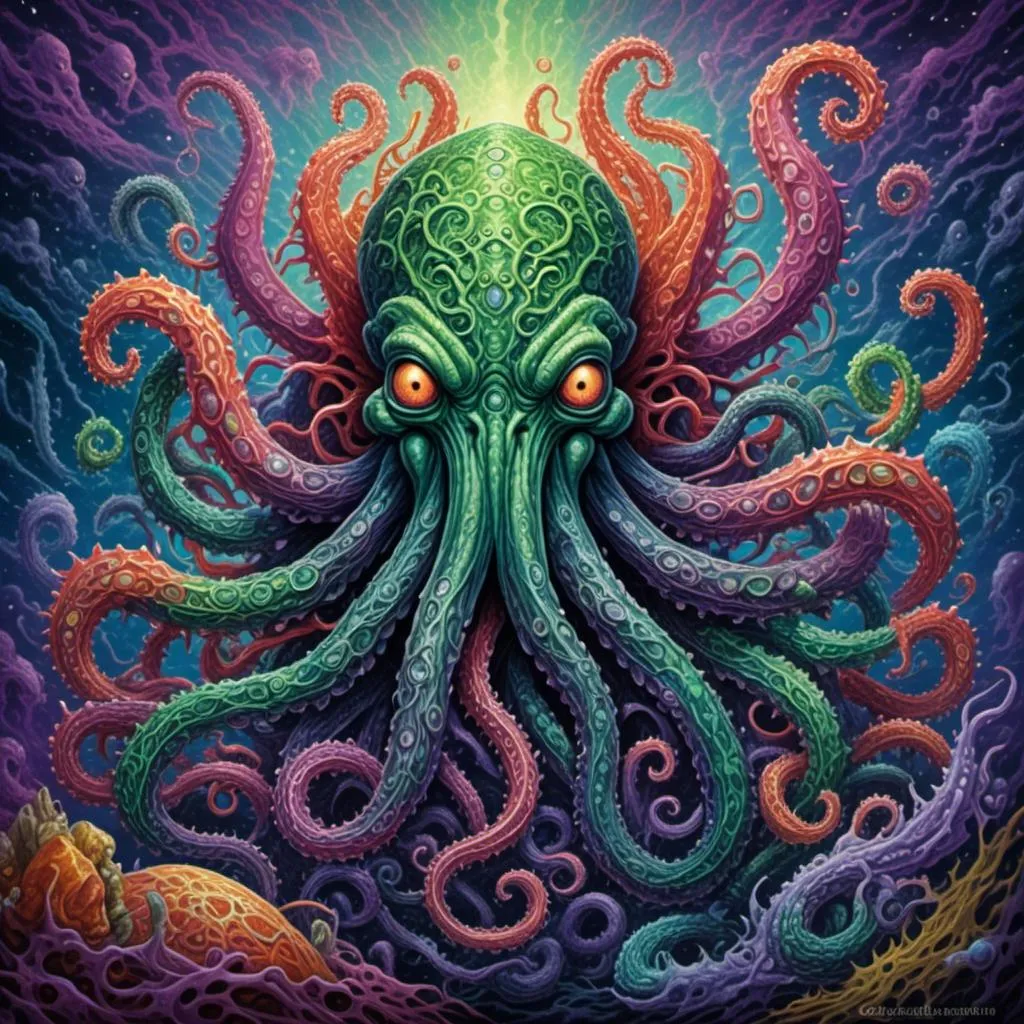 Prompt: <mymodel>Lovecraftian cthulhu with eldritch tentacles, tribal primal style, ominous atmosphere, dark and foreboding, intricate details, highres, tribal, lovecraft, eldritch, tentacles, foreboding, detailed, atmospheric, dark, eerie, primal, menacing, mysterious, surreal, haunting, ancient, supernatural, 