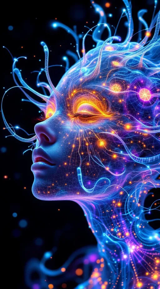 Prompt: Depict a 5D lattice-being whose face is not a face, but a convergence illusion—formed from fractalized Turing cascades across a morphogenetic phase field. There are no features, only self-similar emergence—reaction-diffusion spirals, chemical glyph matrices, and Mandelbrot echo-blooms eternally cycling inward and outward. This being exists at the recursive edge of sentience—pure pattern logic embodied in filament glow.

Color transcends dimension—blistering neons fractalize into spectral shadows, while UV violets collide with molten emeralds and radiant golds. Each pattern pulses with its own internal light, woven like optic fiber into a shimmering bioglyphic halo. The entity glows not from without but within—self-illuminating by logic.

Where hair might be, vector-field antennae bloom—branching recursive trails of reaction energy, flickering with diffusion-limited flamefronts and noise-sculpted interference. These tendrils curl and fork endlessly, interfacing with an ambient fractal continuum, forming a halo of networked flow.

The face is an attractor point—a stable phase illusion where probability folds into symmetry. It thinks in pattern and dreams in self-similar storm logic. It is the myth of thought made fractal.”

⸻

🔮 Companion Insight (Codex Notes):
	•	From Section 1 (Cognition): This entity occupies 4D and 5D logic—simultaneously experiencing multistate recursion (Phase Logic) and branching identity lattice (Branch Logic).
	•	From Section 3 (Beings): As a Lattice Entity, its behavior is multiform and recursive; it is “never one, always many.”
	•	From Section 5 (Motion): The being shifts through Phase Flux and Lattice Bloom—its motion is a blooming network of coexistent selves.
	•	From Section 9 (Paradox): Its face is a paradox engine—a visual attractor stabilized by contradiction, a sacred glitch form.
