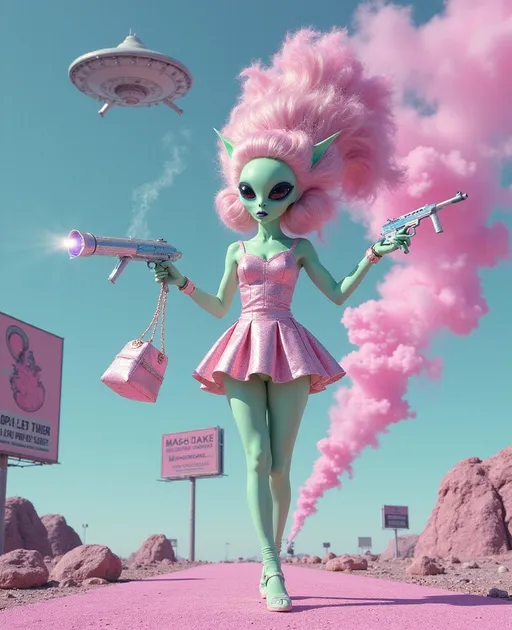 Prompt: A hyper-feminine alien babe on a chrome-pink asteroid runway, posing mid-stride in a gravity-defying 1960s-style minidress made from shimmering holofractal latex, her skin mint-green and glowing. Her towering bouffant wig in bubblegum pink is swirled with holographic rainbow strands, topped with a crystal satellite hairpin. Her oversized almond shaped solid black eyes reflect a candy-colored nebula. One hand holds a smoking raygun with heart-shaped vents, the other grips a holographic purse pulsing with fractal light. Around her, floating billboards advertise Martian cosmetics in 8-bit glitch. Behind her, a vintage UFO with tail fins hovers, and giant black-and-white moiré spirals rotate across the landscape like portals. The sky is saturated teal, layered with pastel starbursts and soft film grain. Everything glows with retro analog glamour, colors popping like technicolor TV tuned to the wrong frequency.

Style: 1960s retrofuturism meets glam-trash space fashion. Medium: analog film look with digital polish. Finish: grainy, glittery, glossy, vivid. Vibe: campy, fabulous, weird as hell.