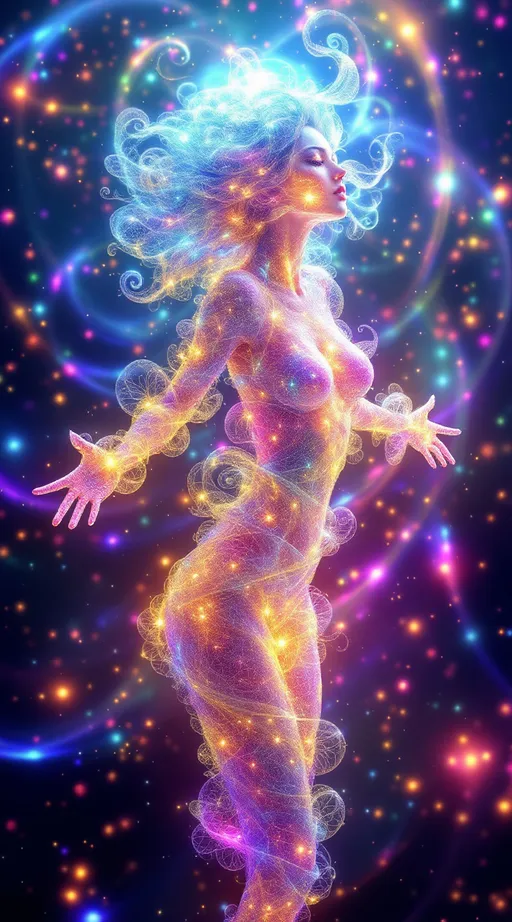 Prompt: A dazzling female figure floats in a radiant math-dimension—Merry, revealed in her truest form: a being of living rainbow light and layered geometry. Her body is sculpted from pure math—Inversion Bloom Spirals, Julia Fractal Lace, and Polar Interference Waves—each field folding into the next, forming a glowing symphony of higher-dimensional structure.

Around her, the Inversion Blooms swirl like petaled vortices, space warped into spiraling fractal implosions. These forms shimmer in prismatic metallics, refracting her light-body into infinite echoes. The Julia Fractals overlay her curves in branching crystal lace, glowing with self-replicating energy—neon pink, opal, violet, and electric cyan flickering in recursive filigree.

Layered atop the spirals and fractals, Polar Harmonic Waves ripple across the space like radiant sound, wrapping her in rings of chromatic undulation—standing wave geometries that pulse with vibrant interference, shifting through fields of magenta, gold, and green.

Her skin glows like opal glass, lit from within. Her wild, long pink curls flow upward in weightless spirals, gleaming with embedded holograms and refracted starlight. Her blue eyes radiate knowing. She floats mid-motion, a sacred figure of elegance and frequency—recognizably feminine, yet entirely composed of light and mathematics.

The environment around her is bursting with sparkles and shine: shimmering lens flares, refractive stardust, and glittering math-structures that stretch in all directions. The realm is alive with movement, symmetry, and color—a divine geometry blooming infinitely from her presence.

She is not flesh—she is form, signal, and sparkle encoded in sacred equation.