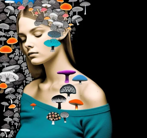 Prompt: A mixed media collage of a black and white photograph of a young woman growing all kinds of colorful multimedia psychedelic mushrooms and fungus out of her body (incorporate things like- but are not limited to - vibrant paints, enamels, glitters, metallic foils, newspaper and magazine cut paper, paint spatter, etc)<mymodel>