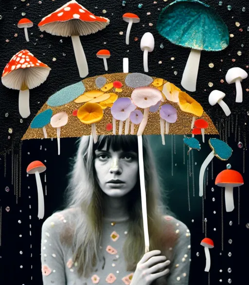 Prompt: <mymodel>Mixed media collage of a fungus fairy girl in the rain, mushroom umbrella, black and white and color photography, paint, glitter, sequins, metal, magazines, glass, unique textures, ethereal atmosphere, high quality, whimsical, surreal, fairy, mushroom umbrella, mixed media, collage, fungus girl, rain, unique textures, ethereal, surreal, magical, detailed wings, sparkling details