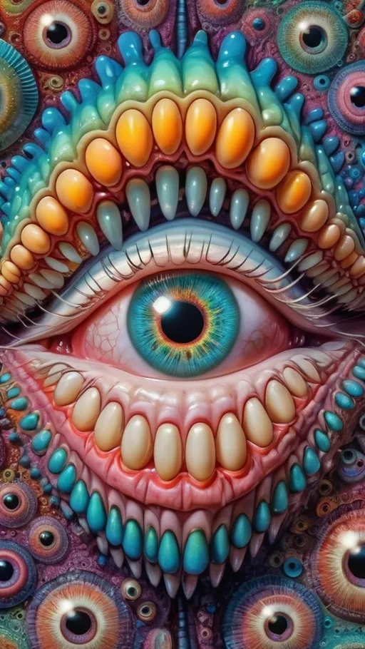 Prompt: an extremely hyper realistic ultra super textural weird trippy surreal psychedelic entity, enneper sufaces, apollonian gaskets, catenoids, white, translucent, clear, bright bright pastel colors, oil slick rainbow sheen effect, lots and lots of light, lots of crazy colorful compound psychedelic human eyes, rows of human teeth, fungus, atoms, diatoms, enneper sufaces, apollonian gaskets, catenoids, 