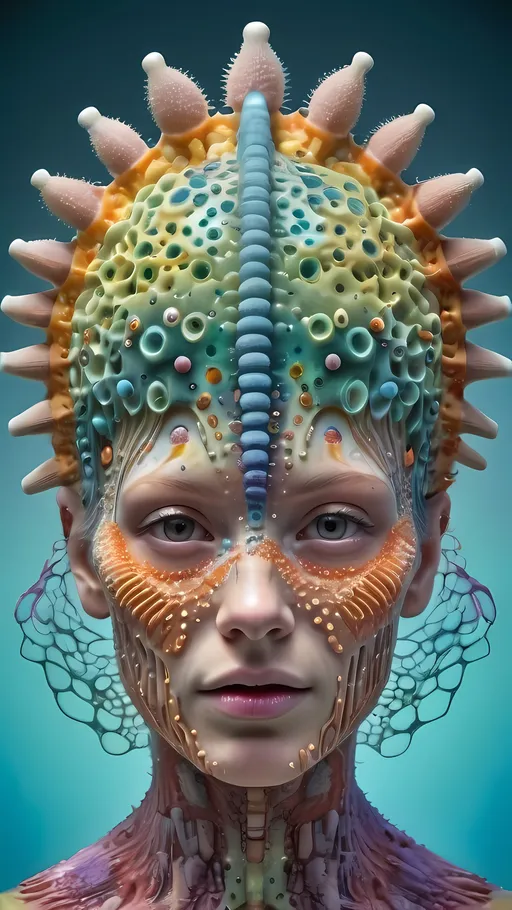 Prompt: Extremely hyperrealistic ultra textural trippy surreal beautiful but odd unsettling psychedelic creature- a psychedelic diatomaceous creature entity queen crown with lots of crazy psychedelic human compound eyes, rows upon rows of human teeth.  head, face, body, limbs, fungus, Mandelbrot, oil slick rainbow sheen effect, holographic, hologram, translucent, vivid colors white, tons and tons of light, bright pastel colors, Gyroid Structures. Diatoms: bacillariophyta, siliceous, valves, girdle bands, raphe, striae, puncta, areolae, costae, rimoportula, fultoportula, chloroplasts, auxospore, epitheca, hypotheca, mucilage, frustule symmetry, valve morphology, pennate diatoms, centric diatoms, motile, non-motile, biofilm, epiphytic, epilithic, epipsammic, biogenic silica, diatomaceous earth, primary producers, carbon fixation, biogeochemical cycles, diatom blooms, paleoecology, nanostructures, microalgae, environmental indicators, aquatic ecosystems. geometric, symmetrical, radial, bilateral, elongated, circular, triangular, oval, star-shaped, pennate, centric, intricate, lattice-like, perforated, silica, frustules, ornate, microscopic, diverse, varied, delicate, transparent, golden-brown, pillbox-shaped, chain-forming, solitary, colonial, planktonic, benthic,