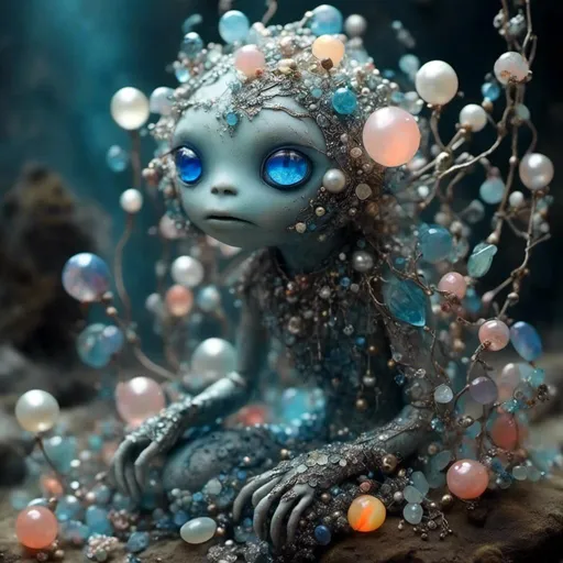 Prompt: <mymodel> a life-infused, living breathing opal, pearl, kyanite, pyrite & silver monster/creature/entity with head/face/body/limbs etc, eyes, mouth, extreme organic & mineral textures