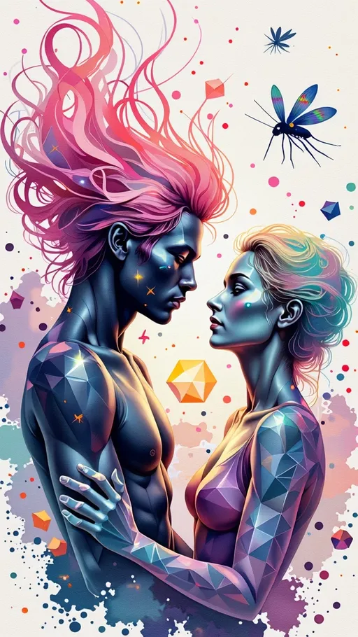 Prompt: A surreal La Planète Sauvage–style illustration of two pre-incarnate beings meeting within the other dimension of geometry—a plane beyond time and language, where math becomes matter and emotion takes form as light. One figure is constructed of iridescent rainbow geometry: a lattice of softly shifting polyhedra, translucent prisms, and Mandelbrot curls that bloom like living architecture. Her wild pink hair floats upward in impossible spirals, each strand etched with radiant glyphs and recursive fractal patterns. Her body shimmers between form and formula—equal parts sacred diagram and sentient light.

Facing her is a dark, harmonic figure composed of magnetic tessellations and glyphic frequencies. His body is rendered in shimmering graphite-black and silver ink—etched with nested circuits, interlocking geometries, and quiet cosmic resonance. His cobalt eyes emit pulsing waves of vibration, creating soft distortions in the space around him—his presence precise, anchored, yet immeasurably deep.

They float above a vast dimensional plane not made of land but of shifting geometries: folded hypercubes, rotating toroids, endless tesselated grids that ripple like membranes. Floating glyph-nodes and transparent light structures phase in and out, forming recursive environments where scale and shape blur into logic. Between the beings spins a rhombic dodecahedron—a living construct of rotating faces, glowing from within. It pulses with memory and recognition, acting as shared interface, mirror, and anchor.

The sky is a morphing field of vector clouds and glitching dimension-lines. Giant insect-machines drift silently overhead. Every shape is outlined in analog crosshatching, layered with brilliant holofractal hues: mint, violet, coral, teal, lemon-lime, and plasma pink—an ink-dream vibrating with sacred, prehuman intimacy.

Style: Hand-drawn La Planète Sauvage surrealism infused with glowing holofractal color and analog textures. 