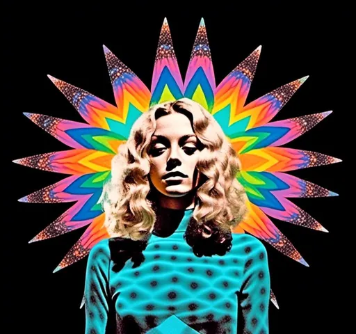 Prompt: A psychedelic collage featuring a photograph of a woman with blond curly long hair. The photo is cut and spliced with other photos and drawings of aliens, UFOs, rainbow spectrums are erupting from places, planets, stars, landscapes, and sparkles set amidst optical illusions of all kinds in geometric shapes giving an otherworldly surreal bizarre ufo alien effect to this psychedelic collage <mymodel>