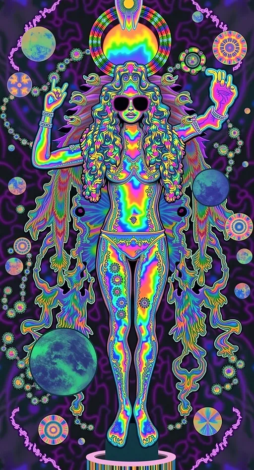 Prompt: Create a super hyperrealistic, finely detailed psychedelic Nouveau illustration of a Cosmic Jester. Feature the word MERRYPRANXTERworked organically into the background somehow.  This enchanting character is a merry prankster of the cosmos, an astral jokester dancing through time and space. She exudes a jester vibe, wearing feminine holographic jester attire & makeup with a feminine, harlequin twist. Not human, but humanoid, she is crafted from vibrant colored light, embodying an extra-dimensional extraterrestrial essence. Her presence is a beacon of joy, as she laughs and twirls through the cosmic astral realms, elevating vibes wherever she roams. 

Her beauty is otherworldly, with long, curly hair that shimmers like a cascade of colored light, appearing blonde yet transcending earthly hues. Her eyes sparkle with mischievous wisdom, and her attire is a dazzling array of intricate patterns and swirling colors, reminiscent of both jester garb and celestial phenomena.

Incorporate the text "the merrypranxter" above her in smaller, elegant lettering, seamlessly blending into the cosmic background. This text should capture the essence of her playful spirit, as if it were a whisper from the universe itself. The illustration should radiate her vibrant energy, portraying her as a timeless wanderer spreading joy and wonder throughout the cosmos.