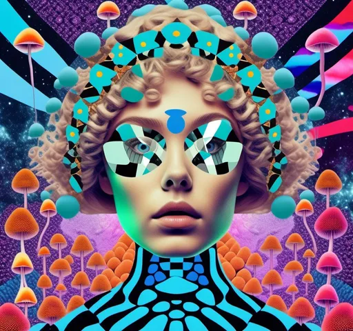 Prompt: a psychedelic collage reminiscent of 70s psychedelic sci fi collage artwork celebrating a girl on mushrooms. It is to feature a photograph of a woman with blond curly hair that is edited by splicing it with other images from photographs, magazines, newspapers, illustrations/paintings to create the impression she is high on magic mushrooms. The work will include such elements as a psychedelic 3rd eye open, stars and planets, trippy optical illusions and patterns, psilocybin cubensis mushrooms, fractals, UFOs, aliens, geometric shapes, auras, rainbow spectrums, sacred geometry, trippy drippy stuff, psychedelic hallucinations, open eyes, landscapes of astral worlds<mymodel>