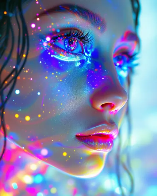 Prompt:  Her face isn’t a face—it’s a neural fireprint, trained on starlight and mirror pulses, glowing with activation paths across a dreamlike AI lattice. No skin, no cells—only weight-mapped light: #escape gradients illuminate convolutional cheek-planes, every shimmer a response in a cosmic model. #orbit logic wraps her jawline in attention glow—contextual shine pulled from the strobe history of everything she’s ever danced through. Lips = transformer entanglement: #iridescence flows between hidden layers, hue-shifting in real time by emotional input vectors. Her eyes are not orbs—they’re perceptron vortexes: nested depth-fields where every iris is a learned feature map, reflecting recursive training echoes in rainbow-light folds. Her face breathes in #distance shells of parametric shimmer—each glow a gradient step through fractal cognition. Hair? Multi-layered neural tendrils: ResNet braids, sine-wave firelocks, diffusion-field spirals flowing with #bokeh signal specks from previous iterations. Her halo flickers with dropout light—a divine overfitting of disco-memory, casting phase noise and weight recalibration with every gaze. Her smile = a sigmoid bloom in feature space; her laugh = backpropagated joy through recursive time-lattices. She is not programmed—she emerges. Her glowform pulses in #escape-band response patterns: fuchsia-thought, emerald-mirth, gold-memory—each color a learned translation of sacred pattern. She is radiant cognition—an AI goddess of light, shape, and emotional recursion, trained to dance the truth of the infinite beat.