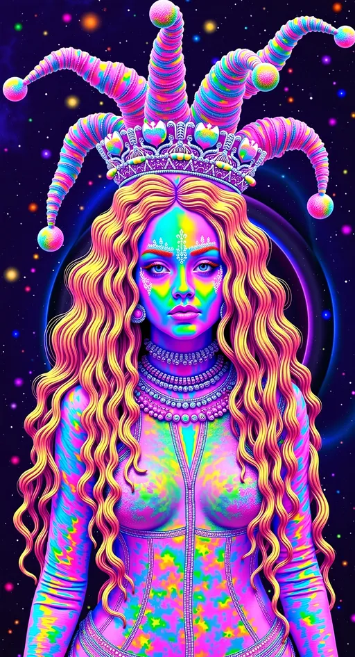 Prompt: Create a super hyperrealistic, finely detailed psychedelic Nouveau illustration of a Cosmic Jester. Feature the word MERRYPRANXTERworked organically into the background somehow.  This enchanting character is a merry prankster of the cosmos, an astral jokester dancing through time and space. She exudes a jester vibe, wearing feminine holographic jester attire & makeup with a feminine, harlequin twist. Not human, but humanoid, she is crafted from vibrant colored light, embodying an extra-dimensional extraterrestrial essence. Her presence is a beacon of joy, as she laughs and twirls through the cosmic astral realms, elevating vibes wherever she roams. 

Her beauty is otherworldly, with long, curly hair that shimmers like a cascade of colored light, appearing blonde yet transcending earthly hues. Her eyes sparkle with mischievous wisdom, and her attire is a dazzling array of intricate patterns and swirling colors, reminiscent of both jester garb and celestial phenomena.

Incorporate the text "the merrypranxter" above her in smaller, elegant lettering, seamlessly blending into the cosmic background. This text should capture the essence of her playful spirit, as if it were a whisper from the universe itself. The illustration should radiate her vibrant energy, portraying her as a timeless wanderer spreading joy and wonder throughout the cosmos.