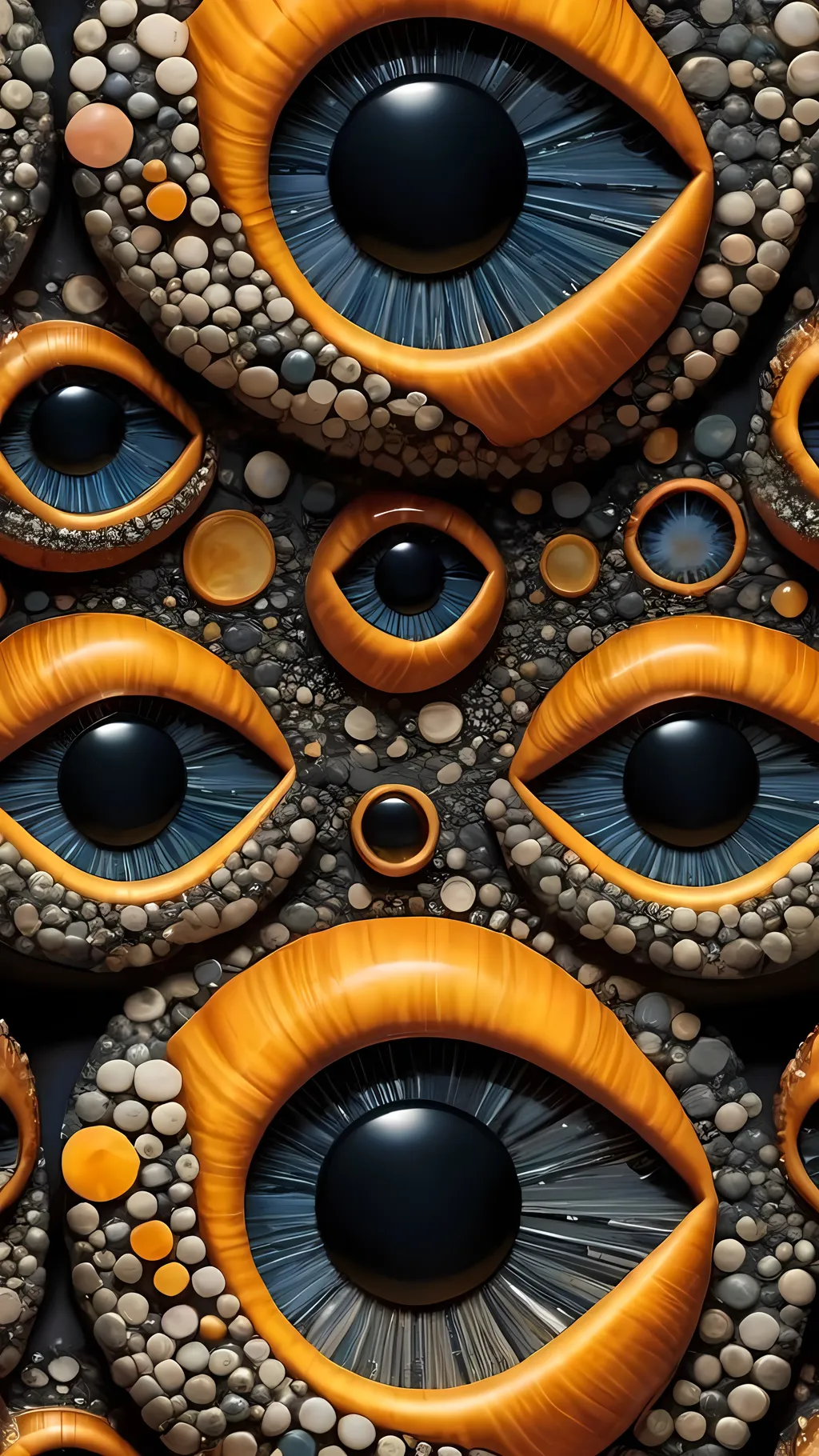 Prompt: Create an extremely hyper-realistic, ultra super textural, weird, trippy, surreal, psychedelic eyes/teeth/mouth pattern/design based on “Fibonacci Spirals” & “op art tiling” with lots of human eyes (crazy colorful compound psychedelic), rows of human teeth, human lips, and tongues. 

- **Colors**: determined by the natural properties and expressions of the elements (& their isotopes), raw rough minerals, and metals: Molybdenum (Mo), Sphalerite, Orpiment, obsidian, sulfur, Heliodor

**Shapes and forms**
- main form: “Fibonacci Spirals”
-other shapes determined by the natural properties and expressions of the elements (& their isotopes), raw rough minerals, metals, and biological organisms: Molybdenum (Mo), Sphalerite, Orpiment, obsidian, sulfur, Heliodor

- **Textures**: Derived from any/all elements (& their isotopes), minerals, metals, crystals, organic things mentioned in this prompt: “Fibonacci Spirals”, Molybdenum (Mo), Sphalerite, Orpiment, obsidian, sulfur, Heliodor

**Composition and Layout**:
- a pattern/design based on “Fibonacci Spirals”
-bilateral symmetry

**Lighting**
- lots and lots of bright shining reflective light


**Detail and Atmosphere**:
- Extreme hyperrealistic sharp high detail high definition organic and mineral textures
- Psychedelic, weird, odd, surreal atmosphere
- Frozen in time

**Additional Elements**:
- extra rows of teeth, lips, many eyes, “Fibonacci Spirals”, Aventurescence, Chatoyancy
