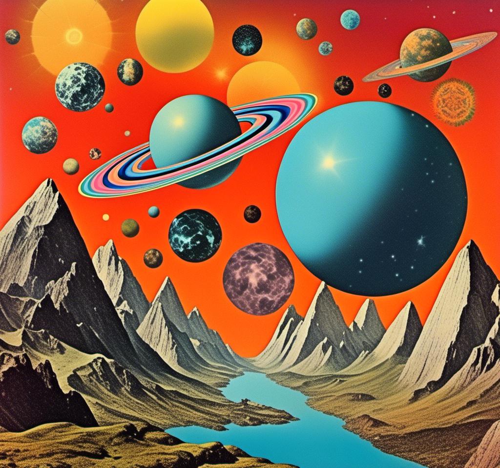 Prompt: A vintage 70s psychedelic collage with the theme “astral vacation”- incorporate themes of astral projection, the astral plane, the silver cord, use an astral brilliantly but sometimes muted opalescent color palette, & combine it all with planets, orbs, optical illusions and psychedelic trippy patterns, color spectrums as a surreal vintage psychedelic collage<mymodel>