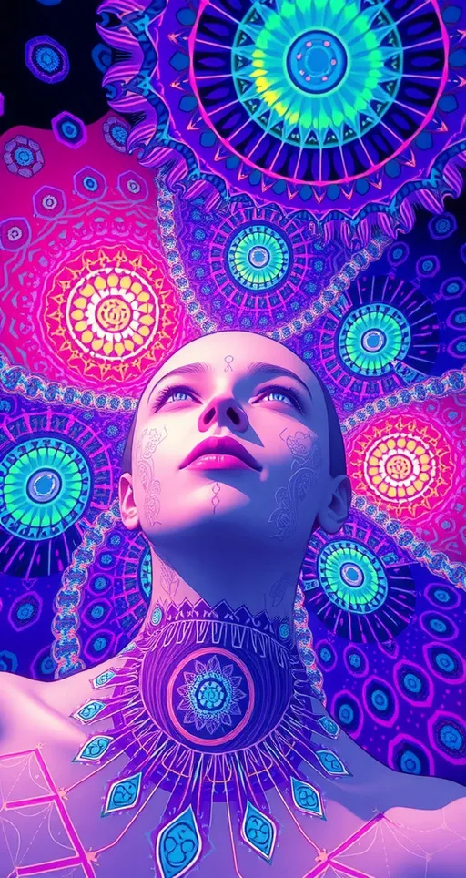 Prompt: dmt realm, human experiencing DMT, dmt entity, psychedelic DMT hallucinations, breakthrough, Gotcha! Here you go: kaleidoscopic, fractals, geometric patterns, neon colors, iridescent hues, sacred geometry, mandalas, entities, hyperspace, cosmic artistry, telepathic communication, vibrant, swirling, morphing, hyper-real, alternate dimension, intricate designs, visual symphony, ethereal, transcendent, otherworldly, luminous, shimmering, pulsating, infinite, timeless, interconnected, energetic, mystical, surreal, profound, mind-bending, celestial, astral, vivid, intense, immersive, expansive, transformative, euphoric, visionary, enchanted, dreamlike, awe-inspiring.