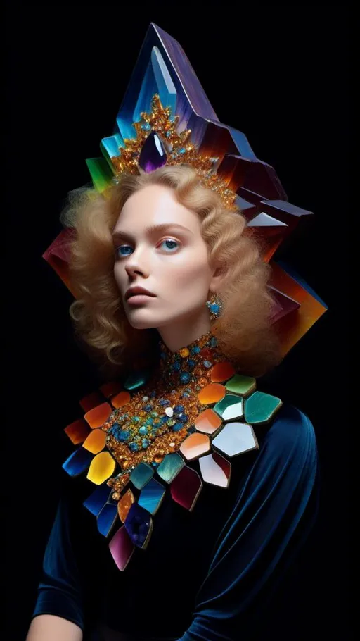 Prompt: <mymodel>Blonde woman with long curly hair, giant gem set eyes, psychedelic hallucination, rainbow fractals, geometry, inlaid precious gemstones, crystals, high quality, surreal, gemstone mosaic, detailed hair, vibrant colors, hallucinatory atmosphere, mesmerizing, otherworldly, natural lighting