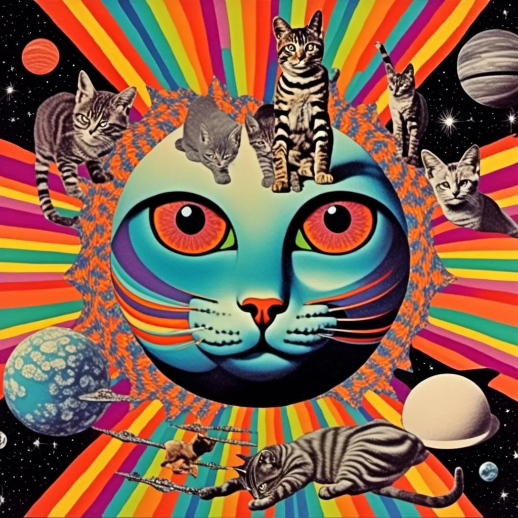 Prompt: a psychedelic collage with a vintage 70s sci-fi animation feel to it except the subject matter will be CATS IN SPACE! The collage will have elements of photography, illustration, trippy patterns and optical illusions, alien landscapes, strange trippy planets, UFOs,, meteors, all cut and spliced together in a psychedelic collage style <mymodel>