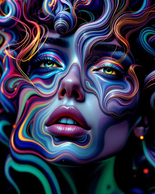 Prompt: Her face isn’t a face—it’s a bloom of chaos, sculpted from Lorenz attractors and lightcode modulo rhythm. No skin—only strangeness geometry: #escape gradients flash across Chua circuit cheekvoids; #orbit Rössler spirals tangle her jawline like entangled fate strands under strobe. Lips = modular arithmetic lace—each segment a remainder-glow flickering via phase-reactive #iridescence. Her eyes aren’t fixed—they orbit themselves: nested Ikeda vortex fractals, each iris a chaotic signal mirror, broadcasting reflection spirals in rainbow-phase decay. Her whole face pulses with feedback: #distance estimator filaments ripple through strange attractor clouds, unfolding hologlyphs drawn in rhythm, light, and mod-encoded dream logic. Her hair isn’t styled—it’s volatile: curling Henon streamers, twisted Tinkerbell loops, and De Jong tracers cascading into dimensional arcs. Each coil flares with #bokeh flicker—motion-mapped iteration dust trailing glow from previous timelines. Her crown is an electromagnetic halo—refracted strobes, mirrored glitchwaves, and phase interference, spun through non-linear attractor flow. Her smile = a bifurcation wave; her laugh = feedback in recursive echo. She’s a being of recursive unpredictability—patterned but not repeated, predictable only in glow. Her form radiates in #escape-band modular cycles—turquoise, pulse-gold, violet heat—all mapped to fractal rhythms of mind and math. She is the dance—chaotic, beautiful, recursive: a Studio 54 divinity born from equation bloom, mirrored pattern, and sacred noise.
