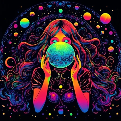 Prompt: <mymodel>Vintage 70s black light poster art illustration, girl hallucinating in space, psychedelic mushrooms, planets, moons, stars, fractals, vibrant colors, intense black light effects, detailed psychedelic girl, cosmic atmosphere, high quality, psychedelic, vintage, space, vibrant colors, fractal details, hallucination, girl illustration, retro art style, cosmic lighting