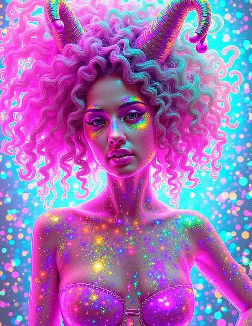 Prompt: A super hyperrealistic yet also illustrative and creative female cosmic jester made entirely of swirling pure colored light stands suspended in an astral gyroscopic vortex, surrounded by an endless lattice of fractal stars. Her wild curly hair erupts in a dazzling pink storm with dark roots, streaked through with living ribbons of spectral color—teal, ultraviolet, and electric chartreuse—all sparkling like cosmic static. Her face is adorned with intricate clown makeup: shimmering diamonds under her eyes, glowing silver contour lines that orbit her cheeks, and a mischievous grin that glints with starlight.

She wears an avant-garde jester costume stitched from auroras and nebular mist—each panel iridescent, shifting like oil on water. The outfit is studded with zero-gravity baubles, anti-gravitational bells that chime with alien harmonics, and dimensional tears revealing glimpses of timelines she hasn’t visited yet. Her jester's hat arches above her like antennae to the multiverse, with tips that bend toward invisible forces and blink in binary rhythms.

Around her, reality has ruptured—space itself bubbles and flexes like breathing velvet. Trapped between layers of cosmic whimsy, she dances across floating rhombic dodecahedra and Möbius-loop pathways, leaving trails of impossible geometry and spectral confetti in her wake. Her ethereal accessories—floating sigils, time-loop earrings, and quantum marionette strings—glitter with ever-shifting colors, embodying the wild sacred prank of existence. She sparkles in continuously changing hues, a sentient embodiment of chaotic joy and interdimensional comedy. The entire scene is rendered in ultra 34k high definition with painterly surrealism and absurdist elegance.
