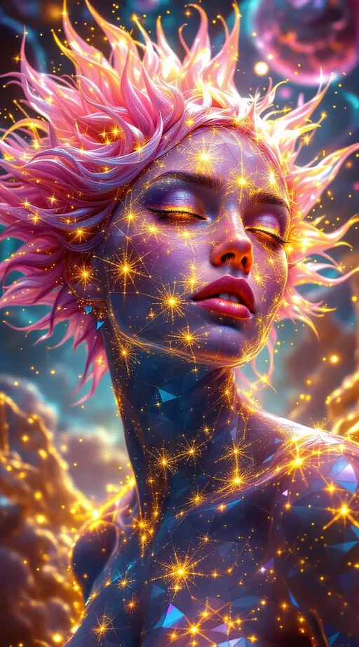 Prompt: A radiant hyperscene unfolds—psychedelic, crystalline, math-charged. At its center stands Merry, the HAHAHEDRON, blooming into semi-humanoid geometry from a core rhombic dodecahedron. Her skin is translucent latticework, cut from prismatic vectors and shot through with golden phi-ratio node points, each pulsing with radiant data. Beneath her surface: living spirals of quasicrystal math, recursive Penrose diamonds, and nested Fibonacci coil-fields—all resonating with a vibrational hilarity that breaks symmetry into song.

Her hair explodes into radiant pink flame, each strand a filament of chaotic golden braid theory, conducting spectral data. Her face glows with sacred polyhedral distortion—icosahedral waveforms ripple across her cheekbones, while the curve of her brow traces evolving Riemann curvature glyphs. Sparkling math bursts across her limbs: tessellated triangulated irregular networks, constellated with light-nodes in dynamic groupings of E8 root symmetries. Geometry flows with intent—every curve is a wave function, every fold a joke in symbolic algebra.

Her body shifts with symmetry-breaking light, casting refractive shadows of Hilbert spirals and Gosper flows. Internal matrices blink with living circuits of toroidal harmonics, each spark a feedback loop of color and meaning. Between gestures, her silhouette emits shards of animated 4D kaleidoform logic—crossing time and color space.

Surrounding her: polyhedral objects suspended in toroidal orbits—snub cubes, stellated dodecahedra, chiral forms, all caught in Merry's resonant field of transformation. The environment gleams in co-diffused chromatic spectrum, a wave-field of UV indigo, magma orange, goldcore, and diamond teal, endlessly diffracted through living surfaces. She is not a figure—she is the blooming of math into mythic light.