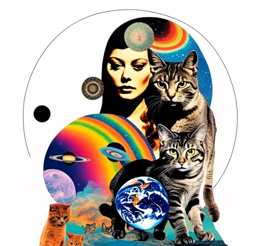 Prompt: <mymodel>Psychedelic collage of a woman, spliced and edited with psychedelic planets, cats, and UFOs, a psychedelic open third eye, incorporating paint, enamel, and found objects, black and white optical illusions, high quality, surreal, vibrant colors, trippy, psychedelic, detailed collage, cosmic theme, colorful lighting surreal collage