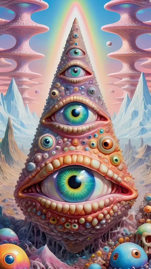 Prompt: an extremely hyper realistic ultra super textural weird trippy surreal psychedelic entity, gyroid structures, Pascal's Triangle, white, translucent, clear, bright bright pastel colors, oil slick rainbow sheen effect, lots and lots of light, lots of crazy colorful compound psychedelic human eyes, rows of human teeth, fungus, atoms, diatoms, gyroid structures, Pascal's Triangle