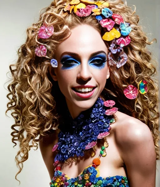 Prompt: extremely hyperrealistic extremely high textural figurine of a Woman with long blond curly hair and mushrooms made of extremely high definition high detail textural encrusted precious gemstones, fungal clothes encrusted with sparkling crystals, high-quality, magical realism, vibrant colors, detailed facial features, natural lighting