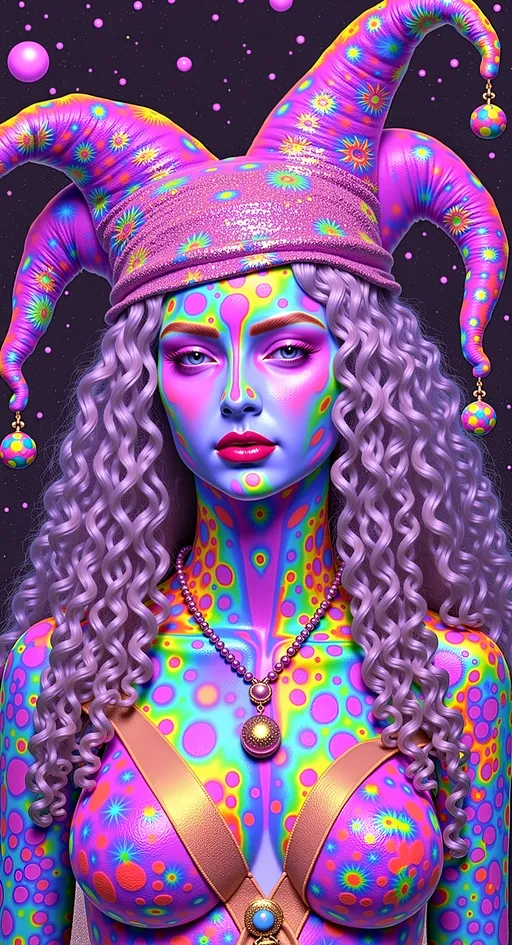 Prompt: Create a super hyperrealistic, finely detailed psychedelic Nouveau illustration of a Cosmic Jester. Feature the word MERRYPRANXTERworked organically into the background somehow.  This enchanting character is a merry prankster of the cosmos, an astral jokester dancing through time and space. She exudes a jester vibe, wearing feminine holographic jester attire & makeup with a feminine, harlequin twist. Not human, but humanoid, she is crafted from vibrant colored light, embodying an extra-dimensional extraterrestrial essence. Her presence is a beacon of joy, as she laughs and twirls through the cosmic astral realms, elevating vibes wherever she roams. 

Her beauty is otherworldly, with long, curly hair that shimmers like a cascade of colored light, appearing blonde yet transcending earthly hues. Her eyes sparkle with mischievous wisdom, and her attire is a dazzling array of intricate patterns and swirling colors, reminiscent of both jester garb and celestial phenomena.

Incorporate the text "the merrypranxter" above her in smaller, elegant lettering, seamlessly blending into the cosmic background. This text should capture the essence of her playful spirit, as if it were a whisper from the universe itself. The illustration should radiate her vibrant energy, portraying her as a timeless wanderer spreading joy and wonder throughout the cosmos.