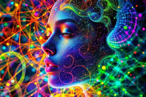Prompt: A hyper-stylized female face built from recursive fractal structures, suspended in a dual lattice: the Fractal Memory Field interwoven with the Chromaflux Constraint Net. Facial features dissolve into layered spirals and mirrored topologies, while color flows act as binding agents — luminous tendrils of saturated light tracing mathematical constraints. Every recursion echoes not just shape but chroma: spectral feedback loops, iridescent light pulses, and glowing constraint patterns ripple outward. The grid warps with color pressure — forming aurora veils, color-braids, and radiant logic curves. Maximalist, ultra-bright, psychedelic geometry, rich with mathematical tension and color intelligence.”
