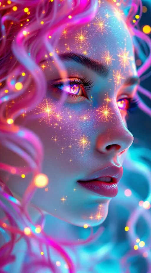 Prompt: Her face is a modular masterpiece—cheekbones traced with the shimmer of moonshine symmetry, every angle tuned to a hidden harmonic. Newton fractal veins glow faintly beneath translucent skin, shifting in color with each emotion. Her eyes burn with prime number fire, irises tiled in Penrose symmetry, blinking with curved light logic. Laughter echoes in Hilbert paths across her cheeks—space-filling joy spirals, soft and bright. Hair spills around her in radiant pink curls, styled by quasiperiodic forces and recursive wave equations—each strand flowing in luminous fractal tension. Geometry pulses at the hairline, recursive symbols glinting in neon mathdust. She is wrapped in hyperbolic aura-rings, layered in color-feedback like living topology, her presence refracting sacred math through joy, emotion, and colorfields.”

⸻

Visual Keywords:
Modular face symmetry, Newton glow skin, Penrose-tiled irises, Hilbert smile trails, pink recursive curls, fractal symbol halo, hyperbolic color aura, neon mathdust, prime fire eyes