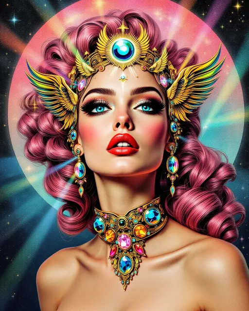 Prompt: A super stylized, hyper-illustrative portrait of Merry as a RetroFuturist Psychedelic Cosmic Priestess—a radiant slim woman with wild, gravity-defying pink curls and sparkling blue eyes, rendered in a soft, grainy analog illustration style reminiscent of 1960s sci-fi paperbacks and retro magazine covers. Her hair blooms like a nebula in vintage roller-set waves, haloed by a golden winged crown with embedded rainbow prisms and crystalline tech etched like sacred circuitry.

Her third eye, a radiant lens jewel set in a golden starburst on her forehead, emits a glowing pulse of soft light. Rainbow beams shoot from her wide, eyeliner-drenched eyes—mid-century retro lashes flaring dramatically. The light refracts through stylized vector stardust and pin-up-style planetary rings.

She wears a retro spacesuit collar redesigned as a jewel-encrusted cosmic choker with giant faux gems and light-reactive metalwork, catching pink and gold flares. Behind her, a radial burst of pinks and aquas expands like a sunburst mandala, textured with worn halftones and vintage print fade. The background sky is a faded pastel blend of sunset tones and dreamlike clouds revealing collaged galaxies and analog stargates, peppered with sparkly atomic stars and UFO silhouettes.

Illustrative style: hand-drawn 60s sci-fi pulp cover with modern detail, posterized shading, and a soft, vintage magazine texture overlay. Medium: digital illustration mimicking silkscreen and risograph grain. Mood: cheeky, sacred, kitschy, iconic. Think Barbarella as a spiritual oracle meets Lisa Frank on a vision quest. Aesthetic keywords: analog futurism, sacred sci-pop, glam mysticism, pastel pop spiritualism, illustrated cosmic camp.