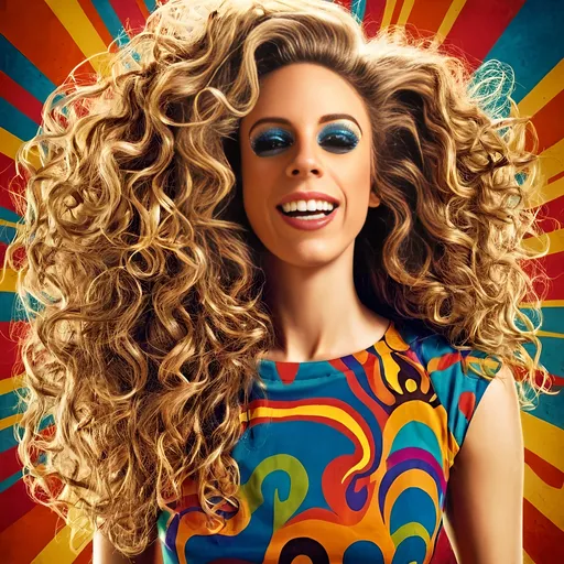 Prompt: Photorealistic image of a beautiful girl with long, curly blond hair, wearing avant-garde fashion inspired by 1960s mod psychedelic poster art illustrations, high-quality, photorealism, detailed hair, retro fashion, colorful psychedelic patterns, intricate designs, stunning portrait, vibrant colors, lifelike rendering, realistic lighting, high-res, detailed textures, expressive eyes