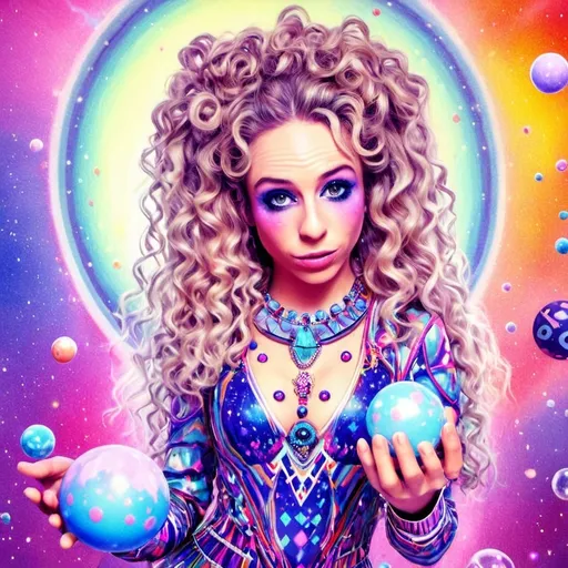 Prompt: A super hyperrealistic yet also illustrative and creative female cosmic jester, made entirely of swirling pure colored light, with long wild curly hair that appears blond but dazzles as a spectrum of hues, floats effortlessly in the heart of a kaleidoscopic nebula. Adorned in avant-garde "astral" jester's attire, her ensemble is a masterpiece of ever-shifting patterns, her definitive jester’s hat extending into infinite fractal shapes that seem to defy the laws of space. Her intricate clown makeup glows with phosphorescent neon greens, electric pinks, and ultraviolet blues, accentuating her mischievous, otherworldly charm. Around her, the stars pulse like strobes in a cosmic dance party, and she juggles shimmering orbs of liquid starlight that burst into tiny galaxies upon contact, each orb reflecting infinite multiversal possibilities. The space surrounding her vibrates with celestial harmonics, a symphony of astral wonder, while an aurora of quantum particles weaves itself into a living tapestry of harlequin diamond fractals, tiling and morphing endlessly. She sparkles and dazzles as her laughter chimes like crystalline bells, embodying the essence of cosmic whimsy and wonder, a living Möbius strip of light and joy in an infinite astral playground.