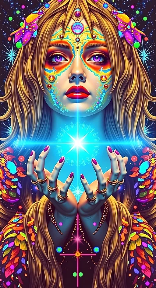 Prompt: Create a super hyperrealistic, finely detailed psychedelic Nouveau illustration of a Cosmic Jester. Feature the word "MERRYPRANXTER" worked organically into the background somehow.  This enchanting character is a merry prankster of the cosmos, an astral jokester dancing through time and space. She exudes a jester vibe, wearing feminine holographic jester attire & makeup with a feminine, harlequin twist. Not human, but humanoid, she is crafted from vibrant colored light, embodying an extra-dimensional extraterrestrial essence. Her presence is a beacon of joy, as she laughs and twirls through the cosmic astral realms, elevating vibes wherever she roams. 

Her beauty is otherworldly, with long, curly hair that shimmers like a cascade of colored light, appearing blonde yet transcending earthly hues. Her eyes sparkle with mischievous wisdom, and her attire is a dazzling array of intricate patterns and swirling colors, reminiscent of both jester garb and celestial phenomena.

Incorporate the text "the merrypranxter" above her in smaller, elegant lettering, seamlessly blending into the cosmic background. This text should capture the essence of her playful spirit, as if it were a whisper from the universe itself. The illustration should radiate her vibrant energy, portraying her as a timeless wanderer spreading joy and wonder throughout the cosmos.