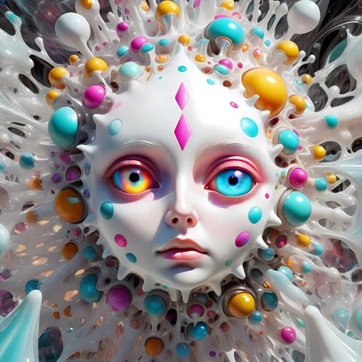 Prompt: a translucent white many sided multidimensional extra dimensional geometric shape churning through many extra dimensions etherically, covered in eyes, biological and mechanical simultaneously with random pops of brilliant vibid psychedelic color 