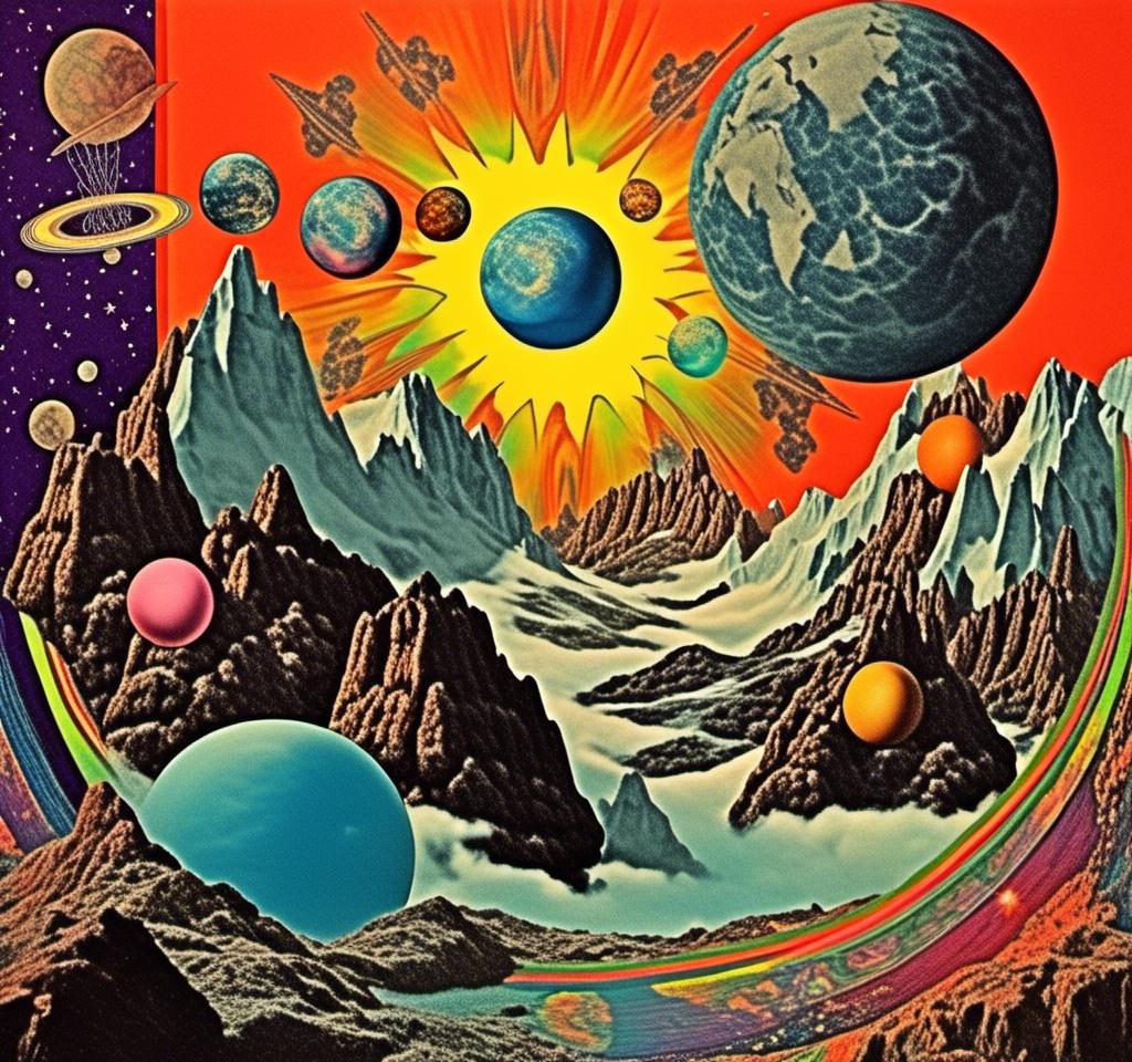 Prompt: A vintage 70s psychedelic collage with the theme “astral vacation”- incorporate themes of astral projection, the astral plane, the silver cord, use an astral brilliantly but sometimes muted opalescent color palette, & combine it all with planets, orbs, optical illusions and psychedelic trippy patterns, color spectrums as a surreal vintage psychedelic collage<mymodel>